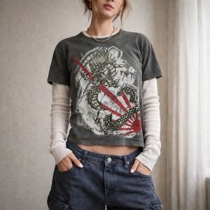 Top Heavy Boys Large Dragon Guitar Layered Shirt 2007 Y2K Skater Grunge Women XS